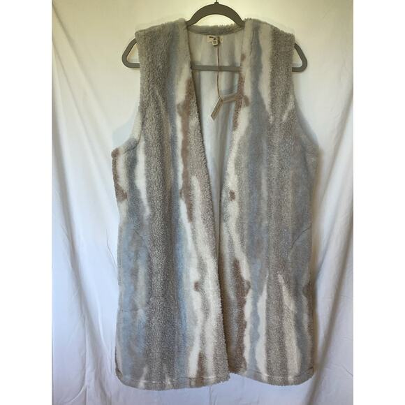 Long Sherpa Faux Fur Lined Open Vest Cardigan Pockets World Market Blue Cream - Picture 7 of 13
